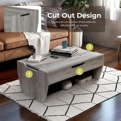 Vista 8 de 24/7 Shop at Home Pavie - Mesa de centro elevable de 42 pulgadas para comedor, diseño de granja con mesa ajustable en altura, almacenamiento Gris