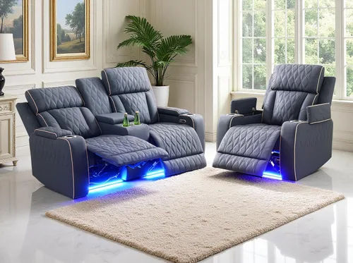 Vista 23 de Juego de sofás reclinables eléctricos, juegos de muebles de sala de estar, sofá reclinable eléctrico moderno negro, sofá biplaza y silla