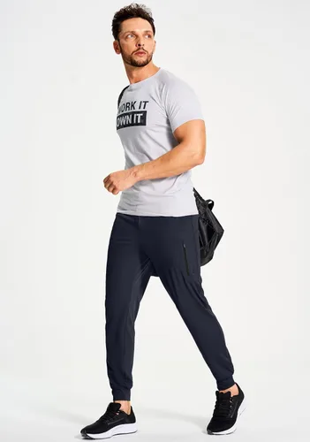 Vista 5 de Pantalones deportivos elásticos para hombre con bolsillos con cremallera, para correr, entrenamiento, gimnasio, atletismo, pantalones de golf