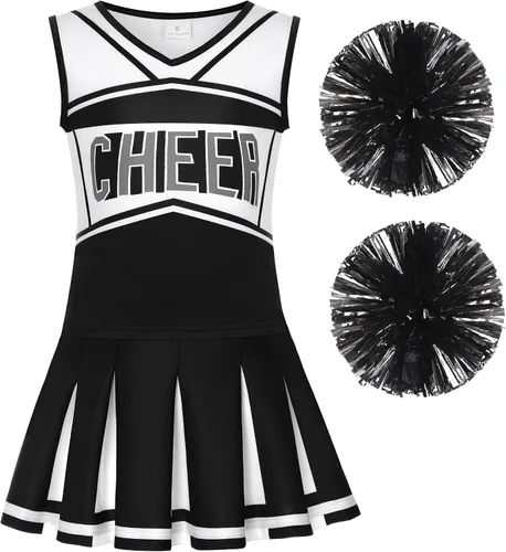 Vista 7 de Disfraz de animadora para niñas de Koatobbor, traje de animadora para Halloween, fiesta de cumpleaños, regalo Negro