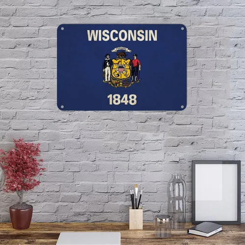 Vista 4 de Letrero de metal de Wisconsin, bandera del estado de Wisconsin, letrero de metal para hogar, estado, país, ciudad, recuerdo, arte de pared, póster
