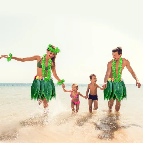 Vista 6 de Hangnuo Juego de 5 piezas de falda hula hawaiana con hojas verdes, collar, pulseras, diadema, recuerdos de fiesta Luau para adultos, mujeres