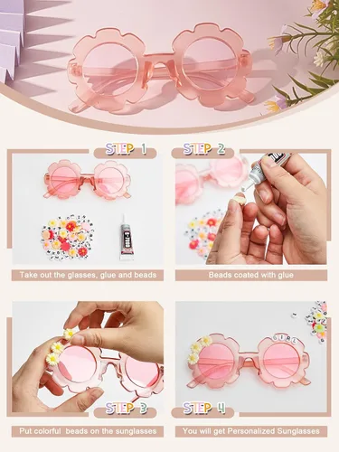 Vista 16 de Dunzy 10 pares de lentes de sol redondos de flores para niños, gafas de bricolaje para exteriores, con 50 margaritas, 100 cuentas de letras al azar