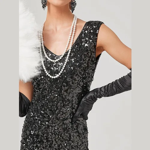 Vista 5 de IDOPIP Vestido de lentejuelas vintage de los años 20 con flecos de Gatsby con borlas, vestido formal de noche para boda, fiesta, cóctel