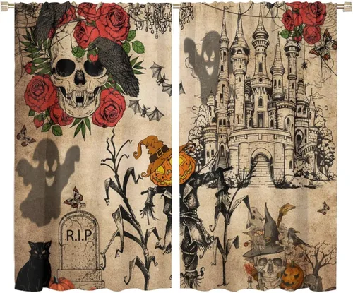 Vista 16 de Divertidas cortinas opacas de calabaza y espantapájaros para sala de estar, rústicas de otoño, hojas de arce, girasol, cosecha de otoño, puesta