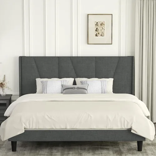 Vista 3 de IMUsee Base de cama tamaño King con cabecera geométrica con respaldo de alas, plataforma tapizada con soporte de listones de madera, no necesita
