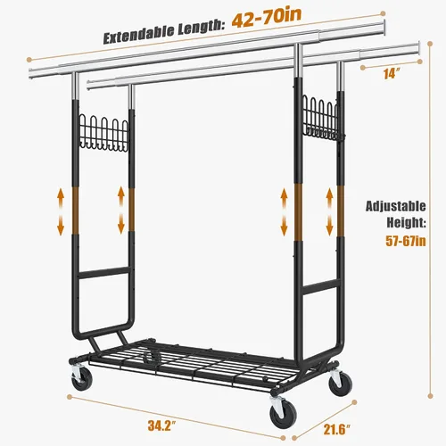 Vista 3 de Gewudraw Estante de ropa resistente con carga de 900 libras, estante comercial de doble barra con ruedas y estantes resistentes, estante colgante