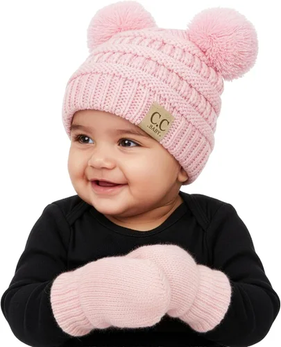 Vista 8 de Funky Junque Conjunto de gorro y mitones con doble pompón de pelo sintético para bebé – Gorro de invierno para recién nacidos de 0–9 meses