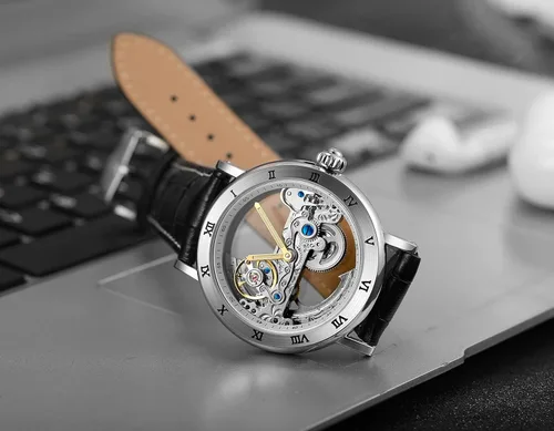 Vista 6 de FORSINING Reloj de esqueleto con correa de piel auténtica, diseño único de lujo, movimiento automático, estilo popular