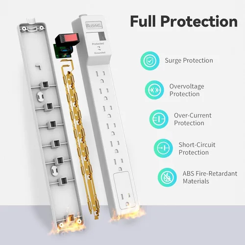 Vista 3 de Protector de sobretensiones de 12 pies (900 julios), tira de alimentación de enchufe plano, cable de extensión de 12 pies con múltiples tomas, 7