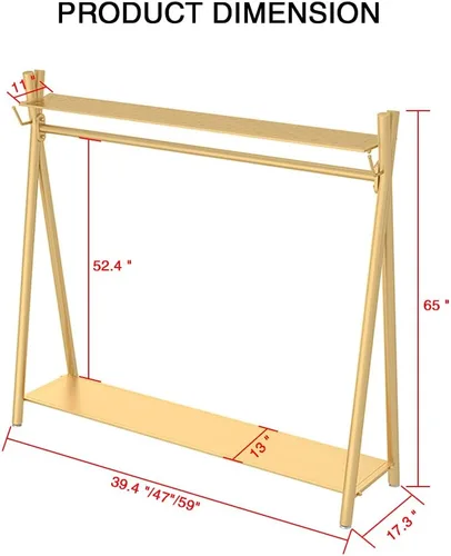 Vista 3 de Perchero industrial dorado independiente con estantes dobles, perchero móvil resistente para organizar ropa y zapatos (47 pulgadas de largo)