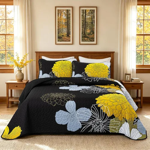 Vista 21 de Anibedding Juego de edredón con estampado floral verde, tamaño King, colcha de 3 piezas, elegante colcha de flores bohemias con 2 fundas de Gris