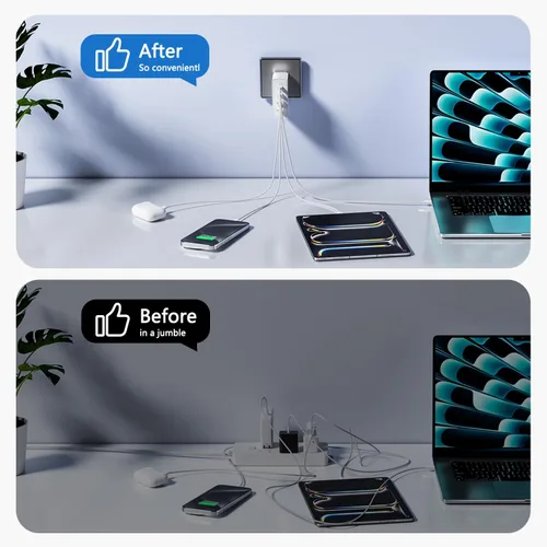 Vista 5 de sccvee Cargador USB C de 140 W GaN, adaptador de corriente para portátil de 100 W, bloque de carga rápido, estación de carga de 4 puertos USB C