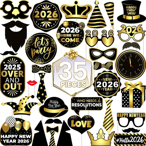 Vista 2 de KatchOn, Accesorios para cabina de fotos de Nochevieja 2024 – Paquete de 35 Accesorios de cabina de fotos de Año Nuevo dorado y negro