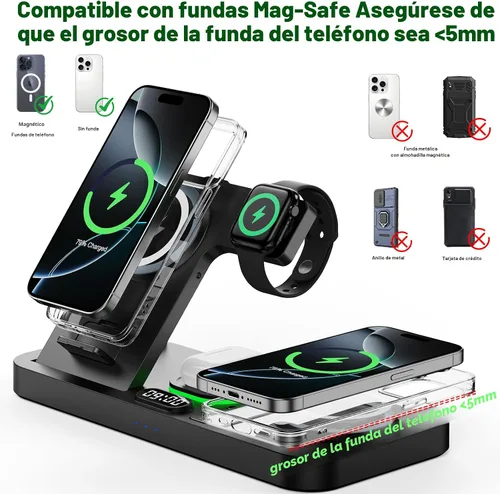 Vista 6 de Estación de carga inalámbrica de teléfono doble para dispositivos Apple, estación de carga magnética para iPhone con interruptor automático de luz