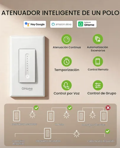 Vista 2 de GHome - Interruptor de luz regulador inteligente, polo único, atenuación