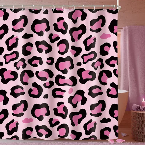 Vista 9 de Riyidecor Cortina de Ducha con Estampado de Leopardo Negro y Rosa Cabina Pequeña RV Estrecha Linda Femenina Moderna Trendy Simple Guepardo 36Wx72H