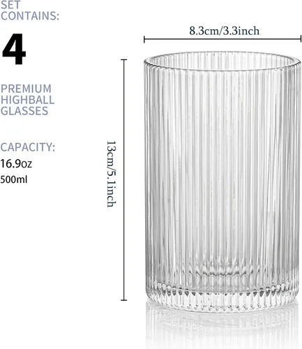Vista 3 de Juego de cristalería acanalada vintage: 4 vasos XL de 16.9 onzas, vasos ondulados acanalados, estilo origami, cristalería elegante para whisky