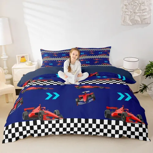 Vista 11 de Feelyou Race Car Duvet Cover Twin Size Boys Girls Speed Sports Car Bedding Set Breathable Soft Racing Comforter Cover 2Pcs Black White Checked Azure