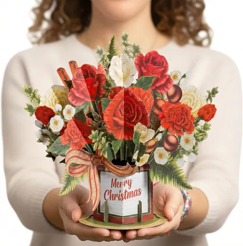 Vista 2 de Paper Love Tarjeta de Navidad desplegable, ramo de flores 3D con recuerdo, regalo de decoración navideña, 10 x 7 pulgadas con sobre y etiqueta