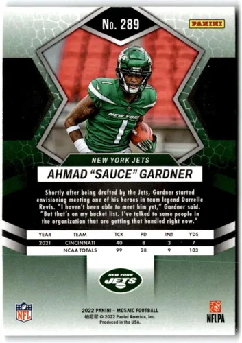 Vista 2 de 2022 Panini Mosaic #289 Ahmad "Sauce" Gardner NFL Debut NM-MT RC Rookie New York Jets Football Trading Card NFL