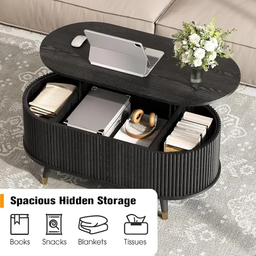 Vista 7 de Mesa auxiliar ovalada con almacenamiento, mesa de centro acanalada de 42.5 pulgadas con parte superior de elevación y patas de madera maciza, mesa