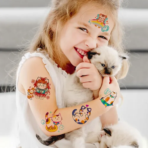 Vista 3 de Konsait 50 hojas de tatuajes de anime, tatuajes de gato de estilo mixto de dibujos animados, envueltos individualmente, tatuajes temporales de gato