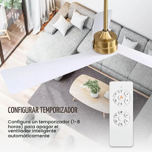 Vista 7 de WINGBO Ventilador de techo CC de 52 pulgadas sin luces, ventilador de techo de latón y blanco con control remoto, 3 cuchillas de plástico ABS, motor