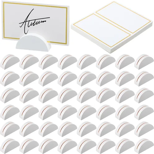 Vista 8 de Maitys 48 soportes de madera para números de mesa de boda, soporte para nombre de mesa de boda, diseño semicircular, tarjeteros con 48 tarjetas