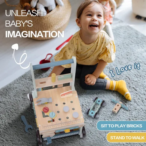 Vista 2 de 2-in-1 Wooden Baby Walker and Tool Bench with Building Play, Blue Azul