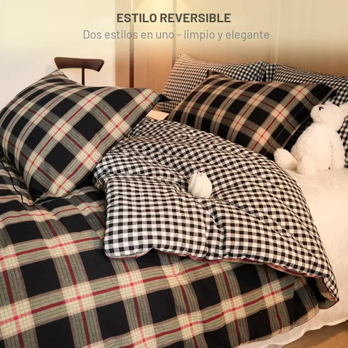 Vista 4 de Juego de edredón 100% algodón tamaño matrimonial, diseño reversible teñido de hilos a cuadros, suave algodón lavado en ambos lados, ropa de cama
