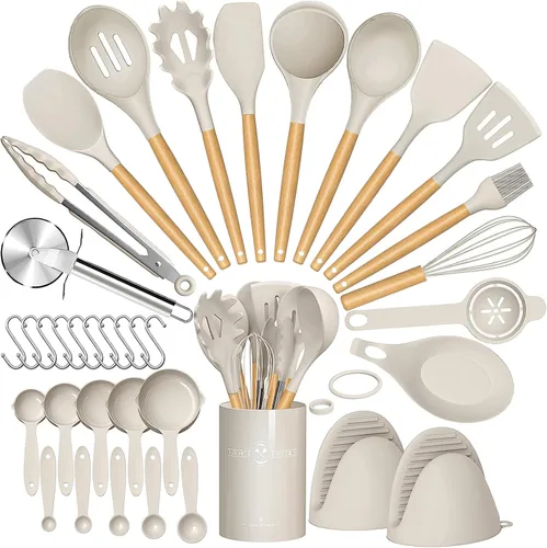 Vista 8 de Umite Chef 36 utensilios de cocina de silicona con soporte, juegos de utensilios de cocina resistentes al calor, mango de madera, utensilios de Gris