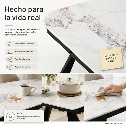Vista 6 de Honyee Mesa de comedor de piedra sinterizada, mesa de comedor extensible con hojas, parte superior rectangular de aspecto de mármol, asientos 6-12