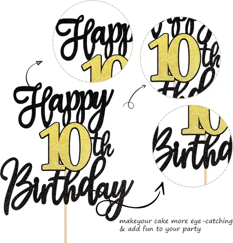 Vista 2 de 1 PCS Decoración para Pastel Feliz Cumpleaños Número 10 Negro Dorado con Purpurina Brindis por 10 Años Selección de Pastel de Cumpleaños 10 Fabuloso