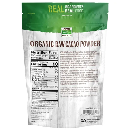 Vista 2 de NOW Foods, Cacao en polvo orgánico crudo, con polifenoles y flavonoles, secado al sol, sabor intensamente rico, 12 onzas (el empaque puede variar)