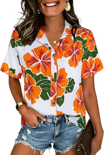 Vista 12 de LILYCHIC Camisas hawaianas de verano con botones de coco para mujer, camisas suaves con botones de manga corta A-hoja floral negra