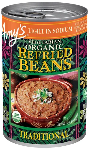 Vista 6 de Amy's Frijoles refritos orgánicos enlatados, frijoles tradicionales ligeros en sodio, veganos sin gluten y vegetarianos, 15.4 onzas (paquete de 12)