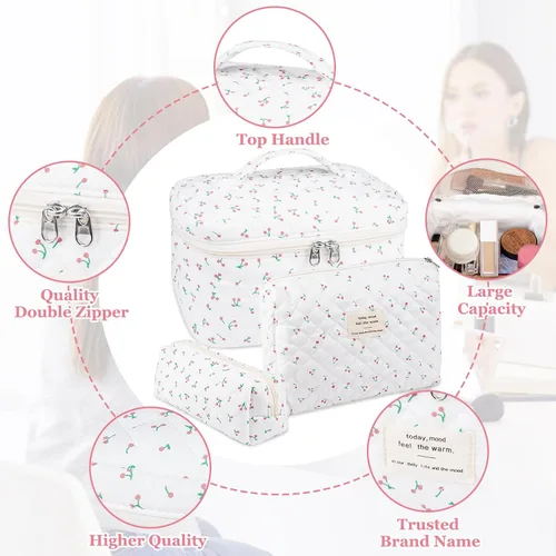 Vista 3 de Juego de bolsas de maquillaje, bolsa de maquillaje acolchada, bolsa grande para cosméticos florales para mujer, bonitas bolsas de maquillaje