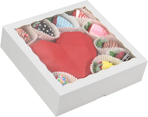 Vista 8 de RomanticBaking 14 cajas de panadería de 9 x 9 x 2.5 pulgadas con ventana para pastel, corazón quebradizo, fresas cubiertas de chocolate, galletas