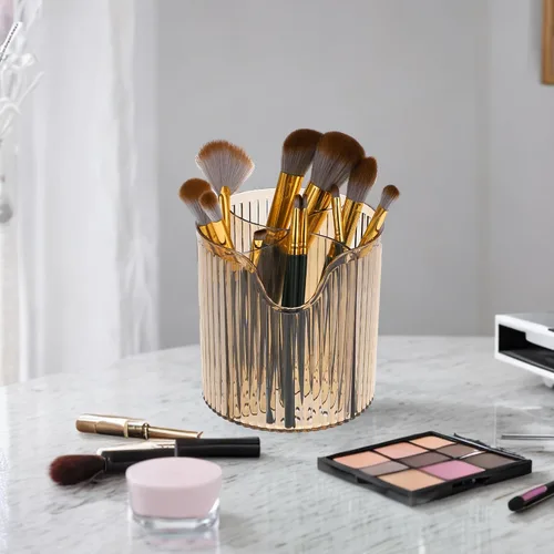 Vista 2 de VOCOSTE Taza para brochas de maquillaje, organizador de maquillaje, soporte para brochas de maquillaje de 4 ranuras, taza de almacenamiento de Marrón