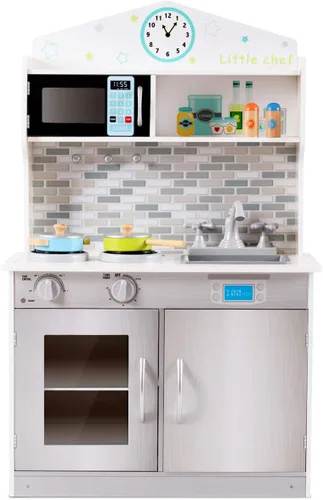 Vista 9 de HONEY JOY Juego de cocina para niños, cocina de simulación para niños pequeños, fregadero y grifo removibles, microondas, utensilios de cocina