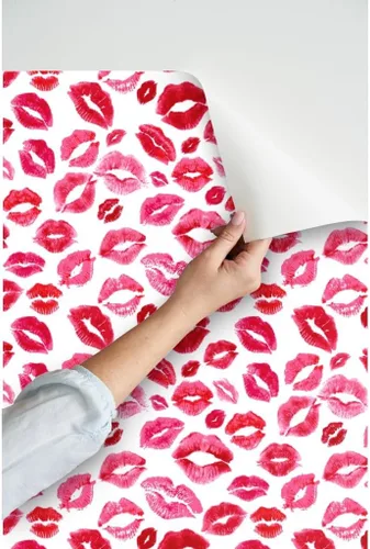 Vista 3 de Spoonflower Papel tapiz para despegar y pegar - Love Lips Red Valentine Beauty Lipstick Besos Acuarela Día de San Valentín Femenino Maquillaje Papel