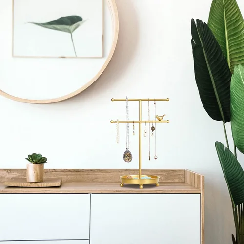 Vista 3 de SOFFEE DESIGN Estante organizador de torre de joyería de mesa, soporte organizador de barras en T dobles, soporte dorado para joyas con bandeja