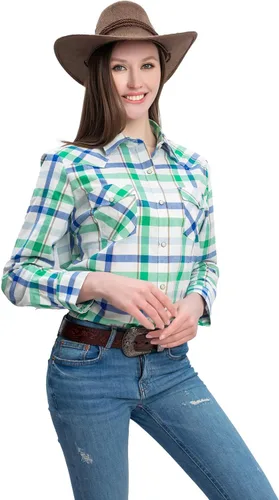 Vista 10 de PASHARTUK Camisas occidentales para mujer, camisas de manga larga de algodón para mujer con botones a presión, camisas a cuadros para mujer Beige