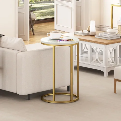 Vista 9 de Function Home Mesa auxiliar de mesa C, mesa auxiliar de sofá en forma de C de mármol, mesas de sofá que se deslizan por debajo, mesa decorativa