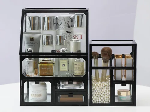Vista 2 de MOOCHI Organizador de maquillaje negro de 3 piezas para Vantity, vidrio, organizador de cuidado de la piel, cajones, organizador de cepillos