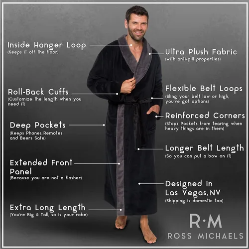 Vista 4 de Ross Michaels Mens Robe Plush Big and Tall - Long Fleece Spa Bath Robe with Pockets - Bathrobe Gift for Men and Teens