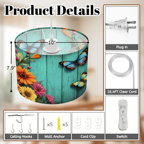 Vista 4 de Boho Plug in Pendant Light Mid Century Exotic Flowers Butterflies Art Teal Wood 16.4ft Plug in Cord Dimmable Hanging Lamp Fabric Lamp Shade Pendant
