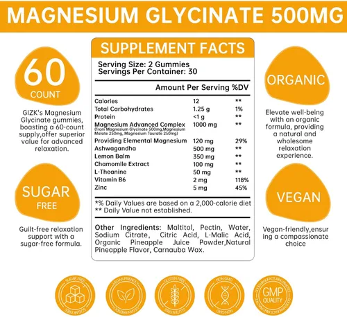 Vista 2 de Gomitas de glicinato de magnesio de 500 mg - Gomitas de magnesio sin azúcar para dormir, estrés, apoyo muscular y nervioso - para adultos y niños