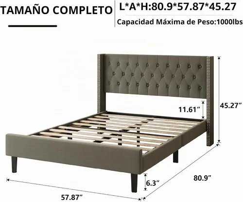 Vista 2 de HAOARA Base de cama de tamaño matrimonial, plataforma tapizada con cabecera con respaldo de ala, botón de terciopelo, fácil montaje, no necesita